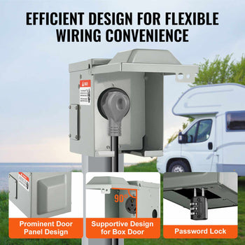 Gray metal power outlet box with password lock and flexible wiring design for RVs and outdoor use.