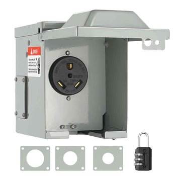 Gray weatherproof electrical outlet box with a lock, includes three mounting plates for secure installation.