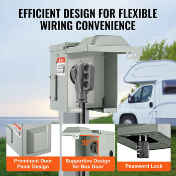 Gray outdoor electrical box with prominent door panel, flexible wiring design, and integrated password lock feature.