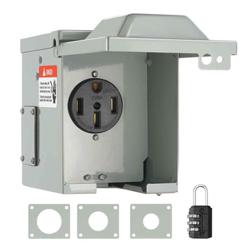 Gray outdoor electrical outlet box with lock, featuring weather-resistant design and two GFCI outlets. Ideal for safety.