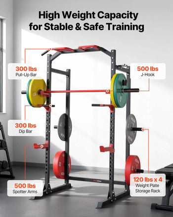 Power Cage Power Rack, Multifunctional Barbell Squat Rack with Adjustable Height, Home Gym Strength Training Workout Equipment with J-Hooks & More Fitness Attachment for Bench Press Pull-Up Dips