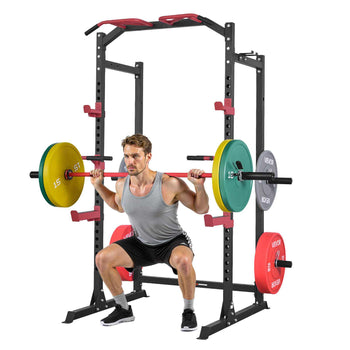 Power Cage Power Rack, Multifunctional Barbell Squat Rack with Adjustable Height, Home Gym Strength Training Workout Equipment with J-Hooks & More Fitness Attachment for Bench Press Pull-Up Dips