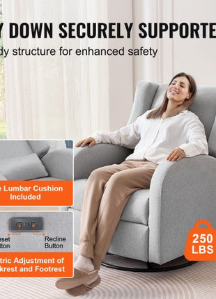 Electronic Power Recliner and Swivel Glider, 250 lbs Weight Capacity Swivel Glider Recliner Chair with USB Port, Polyester Surface Swivel Rocker Recliner  for Living Room, Bedroom, Light Gray