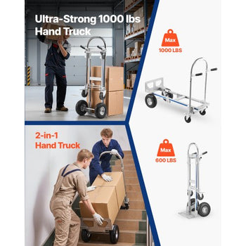 2 in 1 Hand Truck, 1000 lbs Load Capacity for 4-Wheel Mode, Convertible Hand Truck Dolly with Non-Slip Handle & Wheels, Portable Trolley Dolly for Moving Home, Office, Warehouse, Supermarket