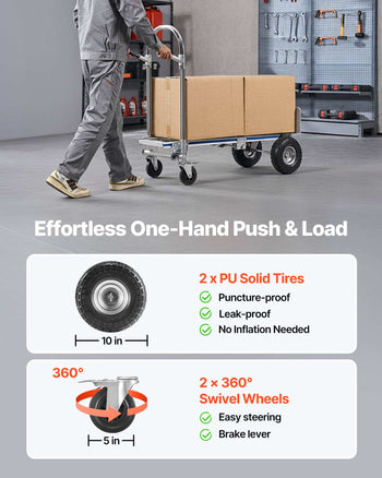 2 in 1 Hand Truck, 1000 lbs Load Capacity for 4-Wheel Mode, Convertible Hand Truck Dolly with Non-Slip Handle & Wheels, Portable Dolly for Moving Home, Office, Warehouse, Supermarket