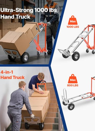 4 in 1 Hand Truck, 1000 lbs Load Capacity for 4-Wheel Mode, Convertible Hand Truck Dolly with Non-Slip Handle & Wheels, Aluminum Alloy Portable Trolley Dolly for Moving Home, Office, Warehouse
