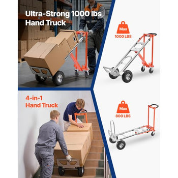 4 in 1 Hand Truck, 1000 lbs Load Capacity for 4-Wheel Mode, Convertible Hand Truck Dolly with Non-Slip Handle & Wheels, Aluminum Alloy Portable Trolley Dolly for Moving Home, Office, Warehouse