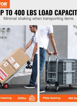 Aluminum Folding Hand Truck, 2 in 1 Design 400 lbs Capacity, Heavy Duty Industrial Collapsible cart, Dolly Cart with Rubber Wheels for Transport and Moving in Warehouse, Supermarket, Garden