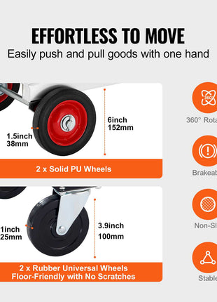 Red and gray utility cart with solid PU wheels and rubber universal wheels for stable, scratch-free movement.