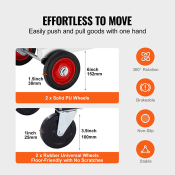 Red and gray utility cart with solid PU wheels and rubber universal wheels for stable, scratch-free movement.