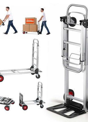 Aluminum foldable hand truck with red wheels, capable of carrying up to 400 lbs, ideal for moving heavy items.