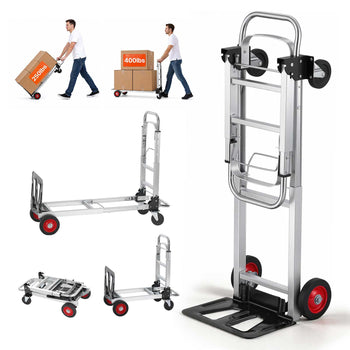 Aluminum foldable hand truck with red wheels, capable of carrying up to 400 lbs, ideal for moving heavy items.