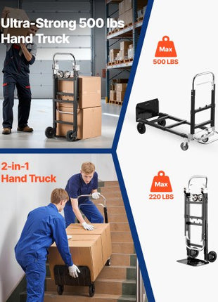 2 in 1 Folding Hand Truck, 500 lbs Load Capacity for 4-Wheel Mode, Convertible Hand Truck Dolly with Wheels & Adjustable Handle, Portable Trolley Dolly for Moving Home, Office, Warehouse