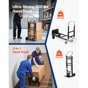 2 in 1 Folding Hand Truck, 500 lbs Load Capacity for 4-Wheel Mode, Convertible Hand Truck Dolly with Wheels & Adjustable Handle, Portable Trolley Dolly for Moving Home, Office, Warehouse