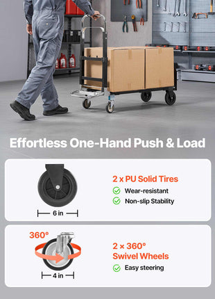 2 in 1 Folding Hand Truck, 500 lbs Load Capacity for 4-Wheel Mode, Convertible Hand Truck Dolly with Wheels & Adjustable Handle, Portable Dolly for Moving Home, Office, Warehouse