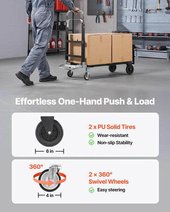 2 in 1 Folding Hand Truck, 500 lbs Load Capacity for 4-Wheel Mode, Convertible Hand Truck Dolly with Wheels & Adjustable Handle, Portable Dolly for Moving Home, Office, Warehouse