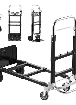 2 in 1 Folding Hand Truck, 500 lbs Load Capacity for 4-Wheel Mode, Convertible Hand Truck Dolly with Wheels & Adjustable Handle, Portable Dolly for Moving Home, Office, Warehouse