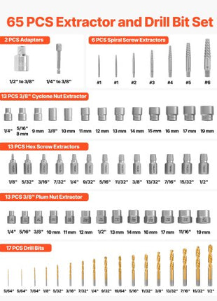Screw Extractor Set with Drill Bits, 65 Pieces, Easy Out Nut Bolt Extractors and Drill Bits, with Adapters, Solid Storage Case, Cr-Mo Steel for Removing Rounded, Broken, or Stripped Fasteners