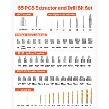 Screw Extractor Set with Drill Bits, 65 Pieces, Easy Out Nut Bolt Extractors and Drill Bits, with Adapters, Solid Storage Case, Cr-Mo Steel for Removing Rounded, Broken, or Stripped Fasteners