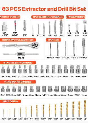 Screw Extractor Set, 63 Pieces, with Nut and Bolt Extractors, Nut Splitters, Taps, Drill Bits, Wrenches, Adapters, and Solid Storage Case, for Removing Rounded, Broken, or Stripped Fasteners