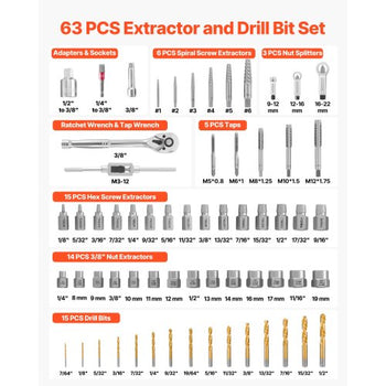 Screw Extractor Set, 63 Pieces, with Nut and Bolt Extractors, Nut Splitters, Taps, Drill Bits, Wrenches, Adapters, and Solid Storage Case, for Removing Rounded, Broken, or Stripped Fasteners