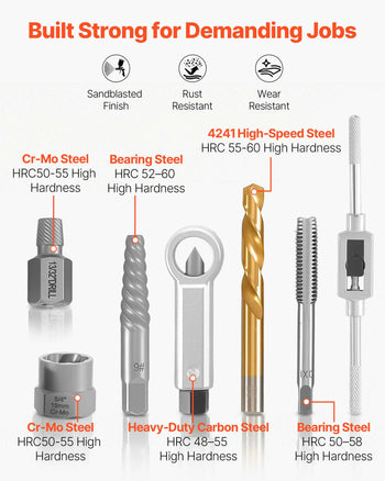 Screw Extractor Set, 63 Pieces, with Nut and Bolt Extractors, Nut Splitters, Taps, Drill Bits, Wrenches, Adapters, and Solid Storage Case, for Removing Rounded, Broken, or Stripped Fasteners