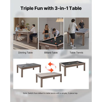 7ft Pool Table Combo Set, 3-in-1 Multi Game Billiards Tables with Dining Top and Ping Pong, 2 Benches for Storage and Accessories, Includes Ball Cue Rack Chalk Brush, for Family Recreation Room