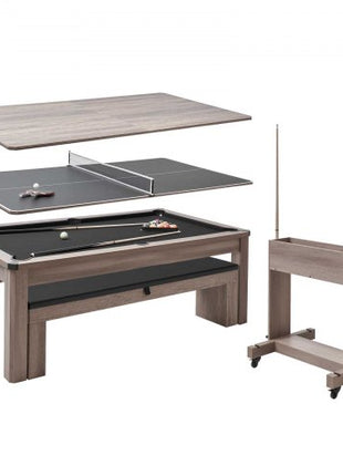 7ft Pool Table Combo Set, 3-in-1 Multi Game Billiards Tables with Dining Top and Ping Pong, 2 Benches for Storage and Accessories, Includes Ball Cue Rack Chalk Brush, for Family Recreation Room