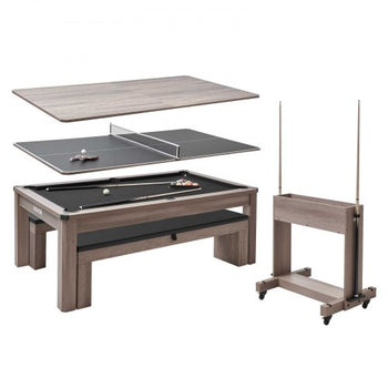 7ft Pool Table Combo Set, 3-in-1 Multi Game Billiards Tables with Dining Top and Ping Pong, 2 Benches for Storage and Accessories, Includes Ball Cue Rack Chalk Brush, for Family Recreation Room
