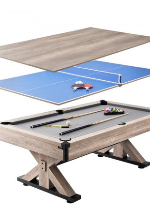 Billiards Table Combo Set, 7ft 3-in-1 Multi Game Table with Dining, Pool, and Tennis Table, Includes Full Set of Accessories, Wood Color with Grey Cloth, Perfect for Family Game Room Kids Adults