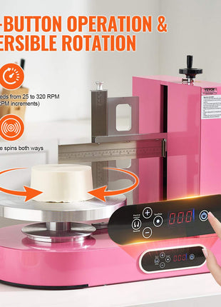 Cake Decorating Machine, Cake Cream Spreading Coating Smearing Machine, Low Noise Cake Frosting Machine, Turntable with Adjustable Scraper, for 6" to 14" Cake, 25-320RPM Rotating Speed, Pink