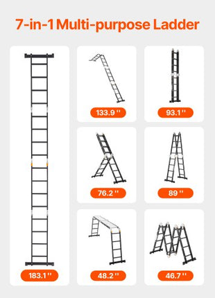 Multi-Purpose Folding Ladder, 7-in-1 Tall Extension Step Ladder, A Frame 4 Step with Scaffolding Plank Telescoping Ladder, 15.5ft Reach Height Heavy Duty , 330 lbs Capacity for Home Outdoor