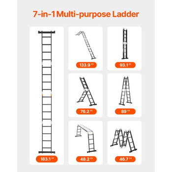 Multi-Purpose Folding Ladder, 7-in-1 Tall Extension Step Ladder, A Frame 4 Step with Scaffolding Plank Telescoping Ladder, 15.5ft Reach Height Heavy Duty , 330 lbs Capacity for Home Outdoor