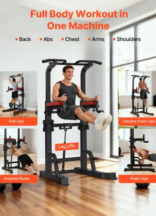 Pull Up Bar, 330 LBS Power Tower Dip Station, Workout Dip Station with H-Shaped Stable Base & Assistance Platform, Adjustable 9 Level Height Pullup Stand for Back, 3-Level Adjustable Elbow Pads