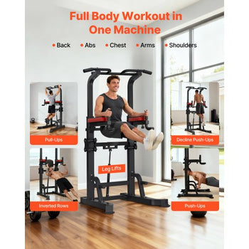 Pull Up Bar, 330 LBS Power Tower Dip Station, Workout Dip Station with H-Shaped Stable Base & Assistance Platform, Adjustable 9 Level Height Pullup Stand for Back, 3-Level Adjustable Elbow Pads
