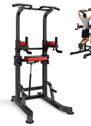 Pull Up Bar, 330 LBS Power Tower Dip Station, Workout Dip Station with H-Shaped Stable Base & Assistance Platform, Adjustable 9 Level Height Pullup Stand for Back, 3-Level Adjustable Elbow Pads