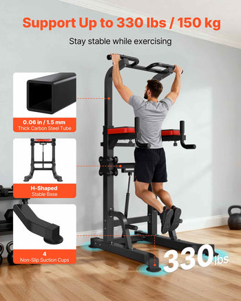 Pull Up Bar, 330 LBS Power Tower Dip Station, Workout Dip Station with H-Shaped Stable Base & Assistance Platform, Adjustable 9 Level Height Pullup Stand for Back, 3-Level Adjustable Elbow Pads