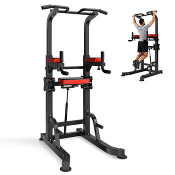 Pull Up Bar, 330 LBS Power Tower Dip Station, Workout Dip Station with H-Shaped Stable Base & Assistance Platform, Adjustable 9 Level Height Pullup Stand for Back, 3-Level Adjustable Elbow Pads