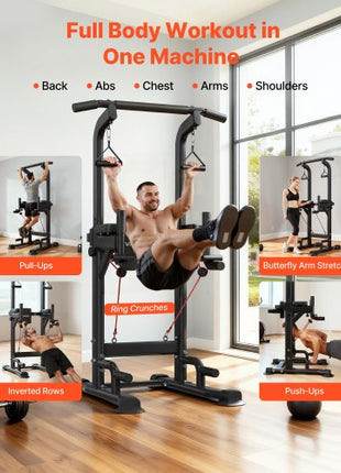 Pull Up Bar, 330 LBS Power Tower Dip Station, Workout Dip Station with H-Shaped Stable Base & Back Pad, Adjustable 12 Level Height Free Standing Chin Up Bar for Back, 4-Level Adjustable Back Pad