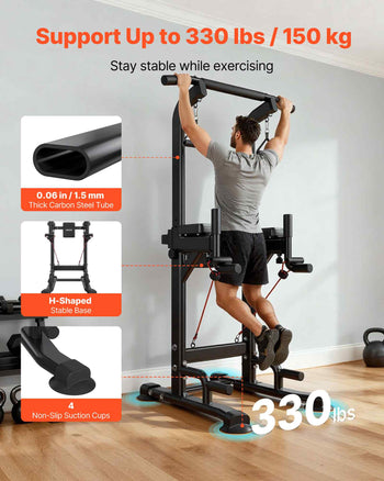 Pull Up Bar, 330 LBS Power Tower Dip Station, Workout Dip Station with H-Shaped Stable Base & Back Pad, Adjustable 12 Level Height Free Standing Chin Up Bar for Back, 4-Level Adjustable Back Pad