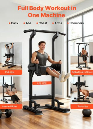Pull Up Bar, 330 LBS Power Tower Dip Station, Workout Dip Station with H-Shaped Stable Base & Back Pad, Adjustable 12 Level Height Free Standing Chin Up Bar for Back, 4-Level Adjustable Back Pad