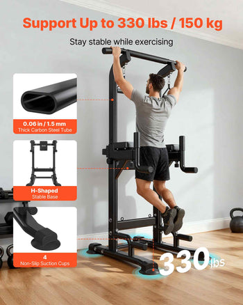 Pull Up Bar, 330 LBS Power Tower Dip Station, Workout Dip Station with H-Shaped Stable Base & Back Pad, Adjustable 12 Level Height Free Standing Chin Up Bar for Back, 4-Level Adjustable Back Pad