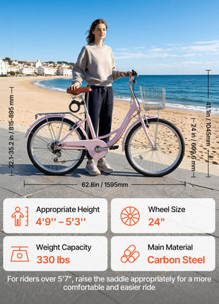 Women Bike, 24 in Beach Cruiser Bike, 7-Speed Adult City Bicycle with Carbon Steel Frame, 330 lbs Capacity, Basket, Rear Rack & Dual V-Brakes, Pink