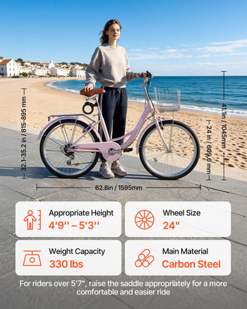 Women Bike, 24 in Beach Cruiser Bike, 7-Speed Adult City Bicycle with Carbon Steel Frame, 330 lbs Capacity, Basket, Rear Rack & Dual V-Brakes, Pink