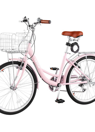 Women Bike, 24 in Beach Cruiser Bike, 7-Speed Adult City Bicycle with Carbon Steel Frame, 330 lbs Capacity, Basket, Rear Rack & Dual V-Brakes, Pink