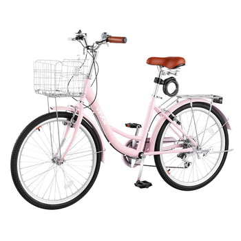 Women Bike, 24 in Beach Cruiser Bike, 7-Speed Adult City Bicycle with Carbon Steel Frame, 330 lbs Capacity, Basket, Rear Rack & Dual V-Brakes, Pink