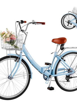 Women Bike, 26 in Folding Beach Cruiser Bike, 7-Speed Adult City Bicycle with Steel Frame, 330 lbs Capacity, Basket, Rear Rack & Dual V-Brakes, Light Blue