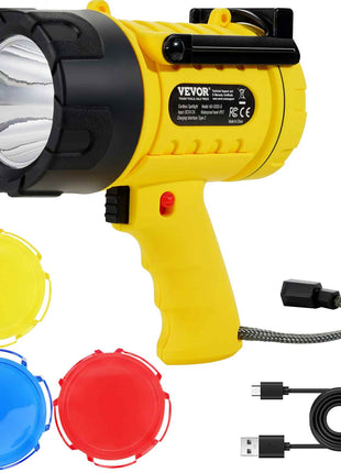 Rechargeable Spotlight Flashlight, 1000,000 Lumens, IP67 Waterproof Handheld LED Spot Light, Super Bright Portable Searchlight with 4 Modes Detachable Lens USB Port, for Hunting Boating Camping