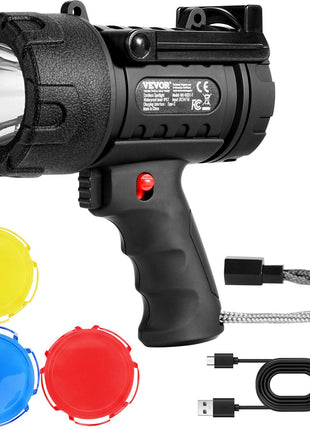 Rechargeable Spotlight Flashlight, 200,000 Lumens, IP67 Waterproof Handheld LED Spot Light, Super Bright Portable Searchlight with 4 Modes Detachable Lens USB Port, for Hunting Boating Camping