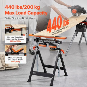 4-in-1 Roller Stand, 440 lb Load Capacity, 33-50 in Adjustable Height, Folding Heavy Duty with Rack & Polished Multi-directional Roller Head, for Table Saw Outfeed Woodworking Extension Support